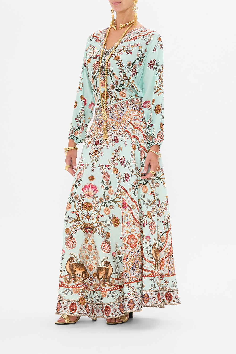 CAMILLA Lace Up Blouse in Weaving Worlds print