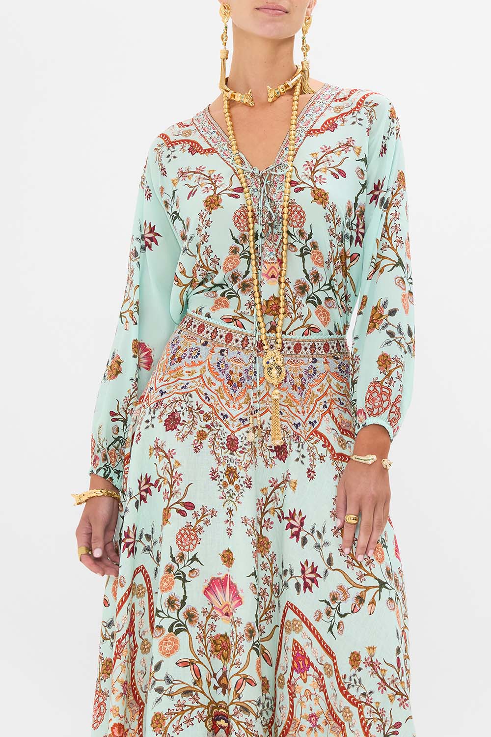 CAMILLA Lace Up Blouse in Weaving Worlds print