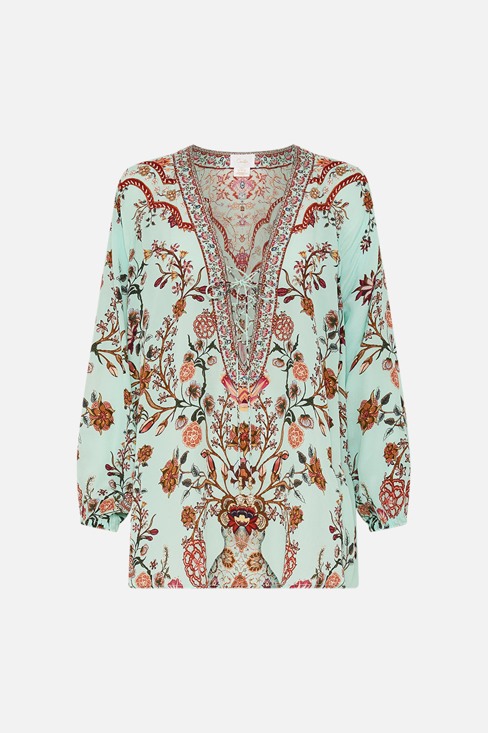 CAMILLA Lace Up Blouse in Weaving Worlds print