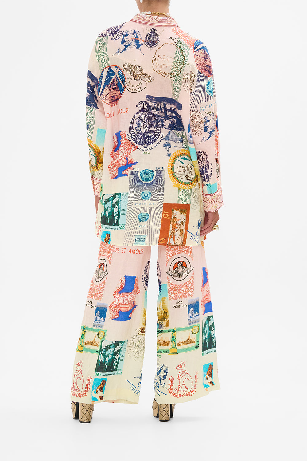 CAMILLA long line shirt with yoke and button detail in Haute Passport print. 