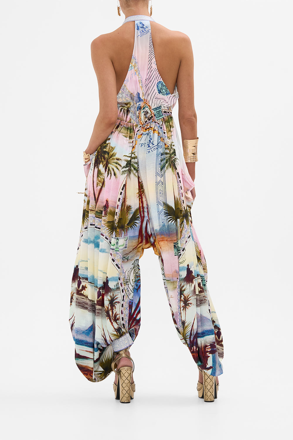CAMILLA jumpsuit with drop crotch in Call Me in Cairo print. 