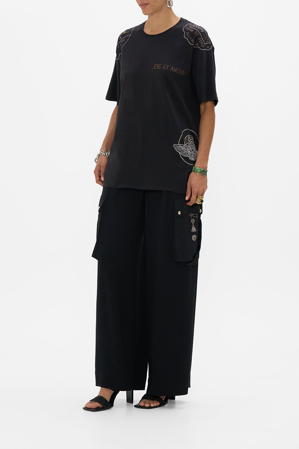 CAMILLA Black Oversized Band Tee in Cartouche Kingdom print. 