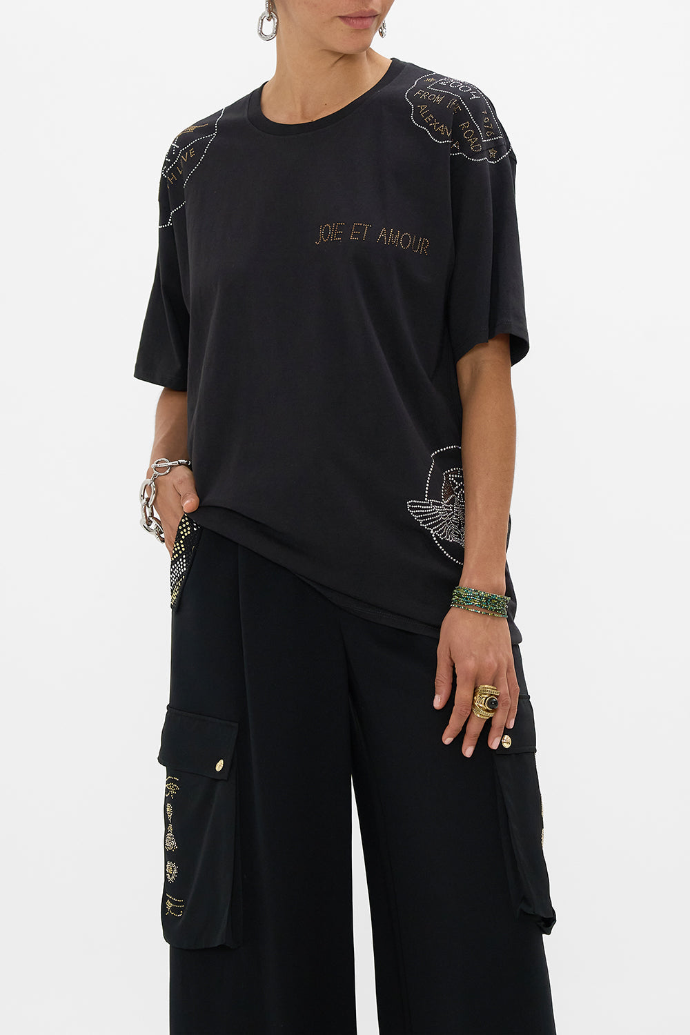 CAMILLA Black Oversized Band Tee in Cartouche Kingdom print. 