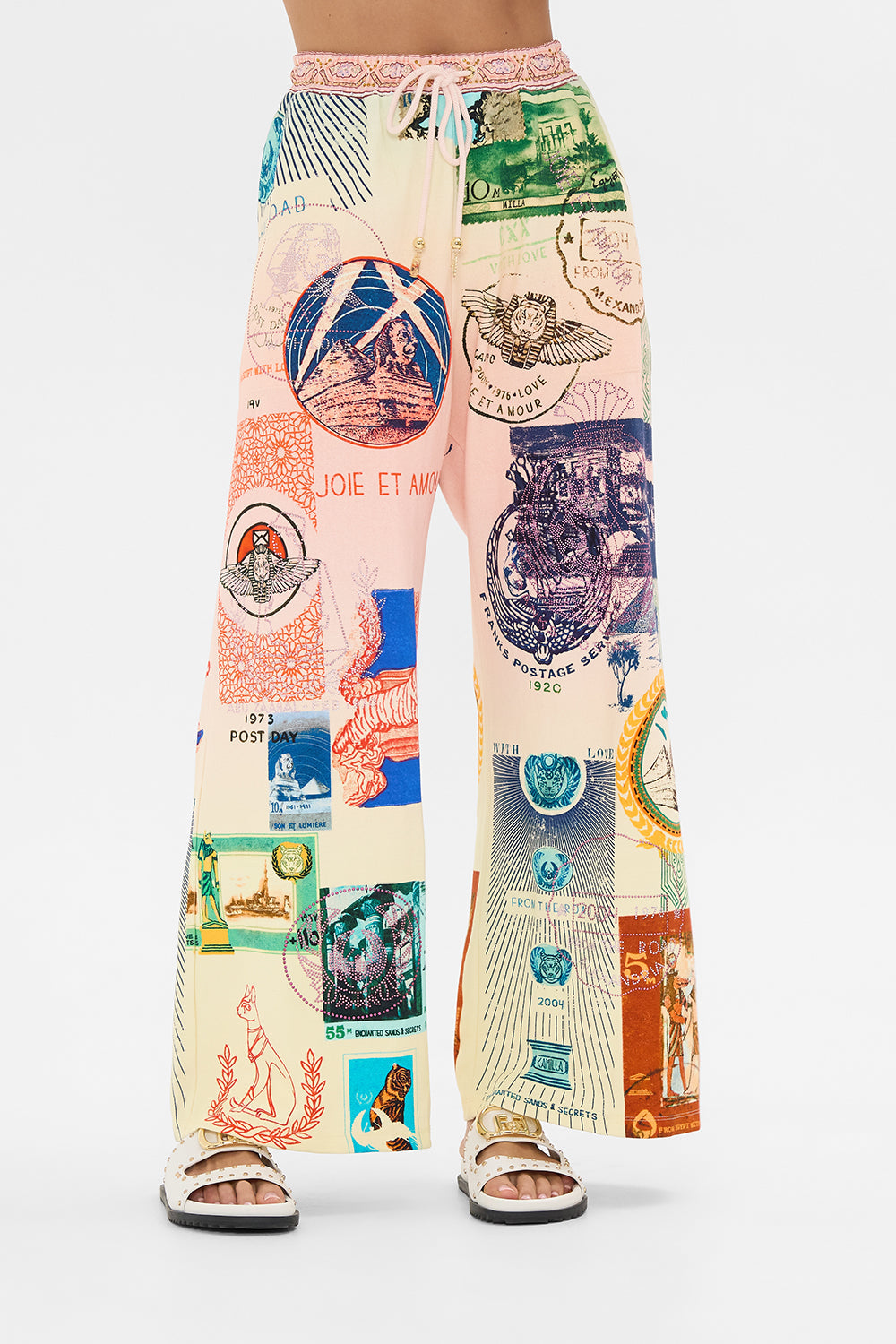 CAMILLA blush straight leg track pant in Haute Passport print. 