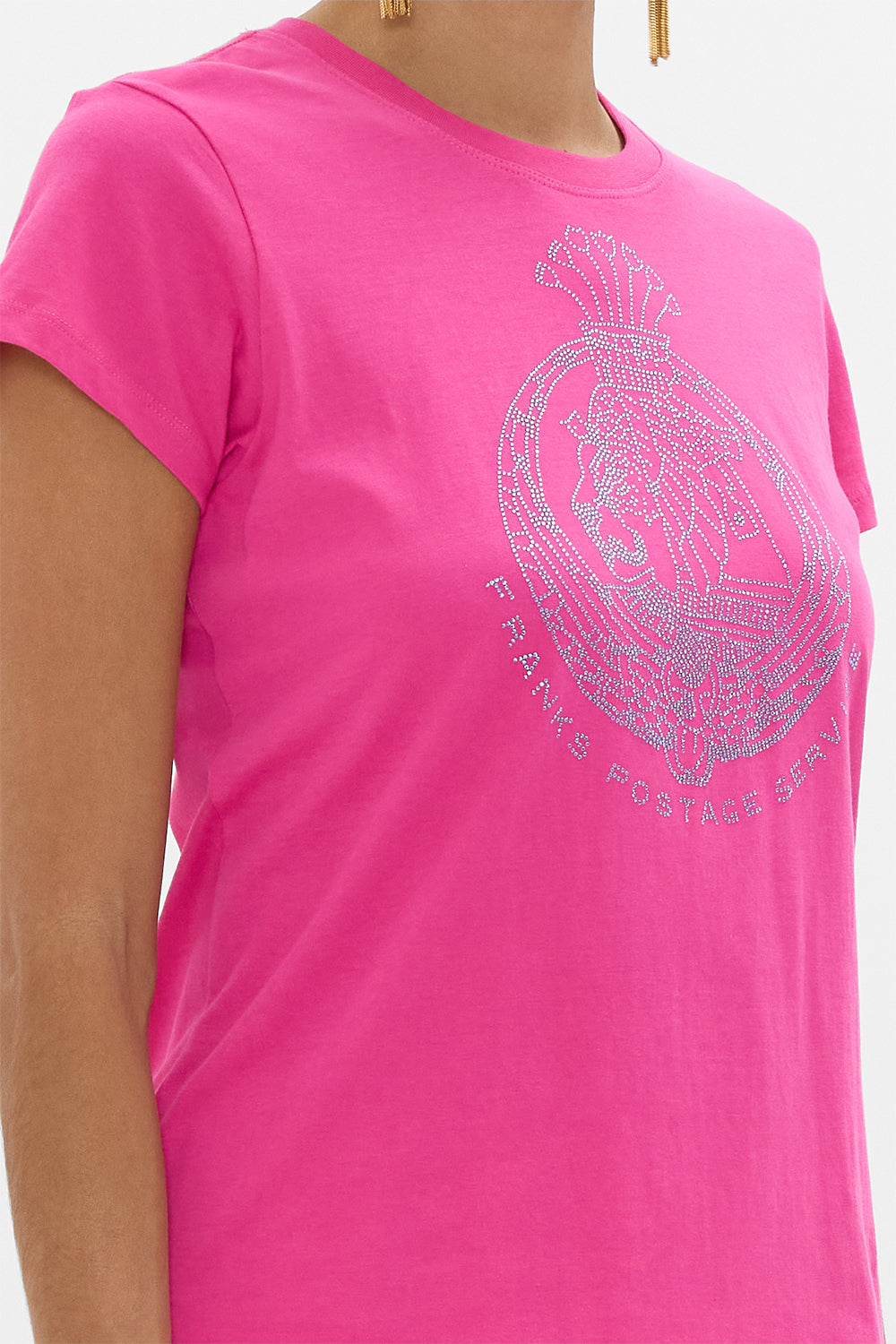 CAMILLA Hot Pink Slim Fit Round Neck T Shirt in Song Of The Scarab print. 