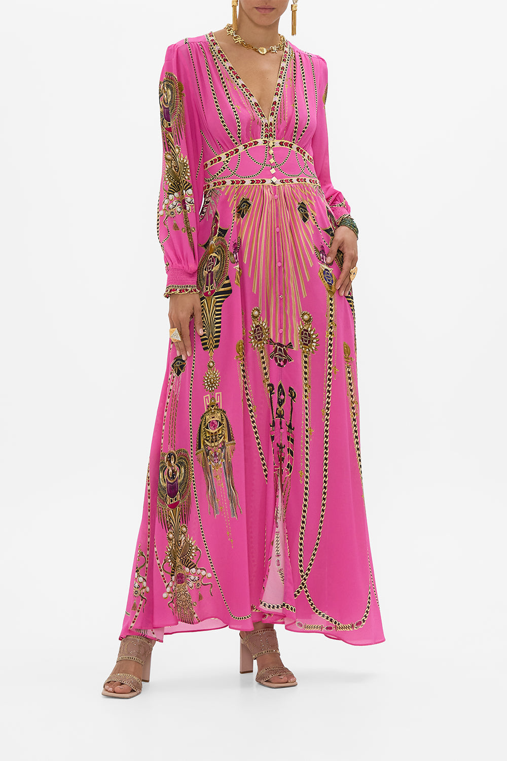 CAMILLA Button Dress With Shaped Waistband in Song Of The Scarab print. 