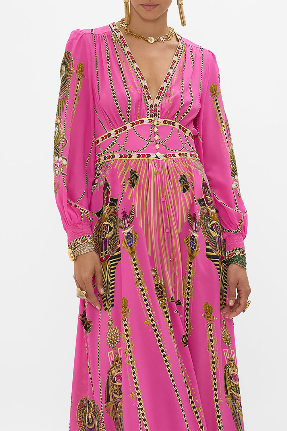 CAMILLA Button Dress With Shaped Waistband in Song Of The Scarab print. 
