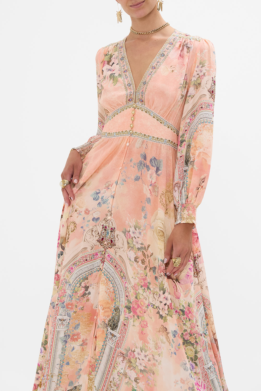 CAMILLA Button Dress With Shaped Waistband in The Jewellery Palace Print. 