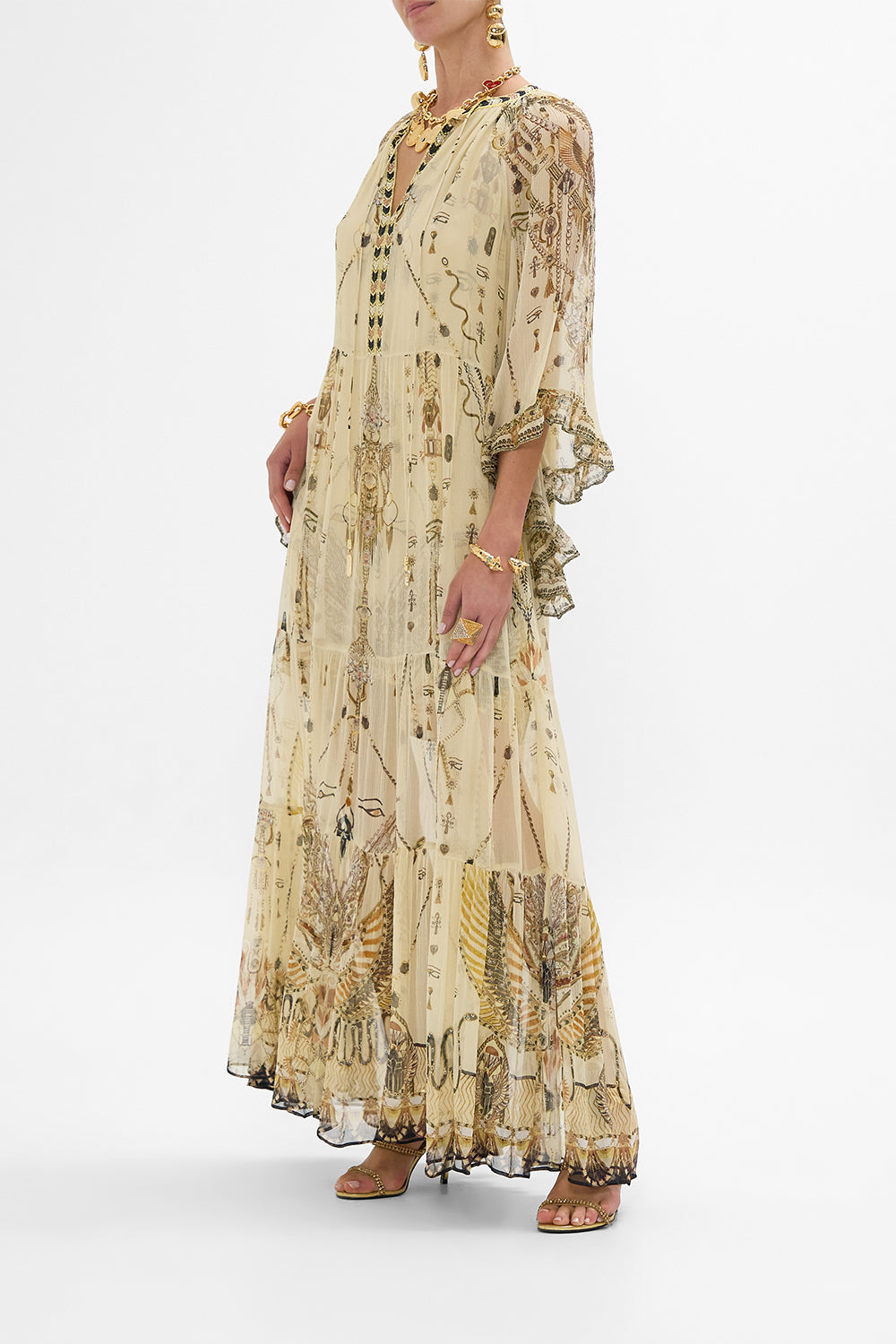 CAMILLA Gold Wide Sleeve Gathered Dress in Gateway to the Afterlife Print