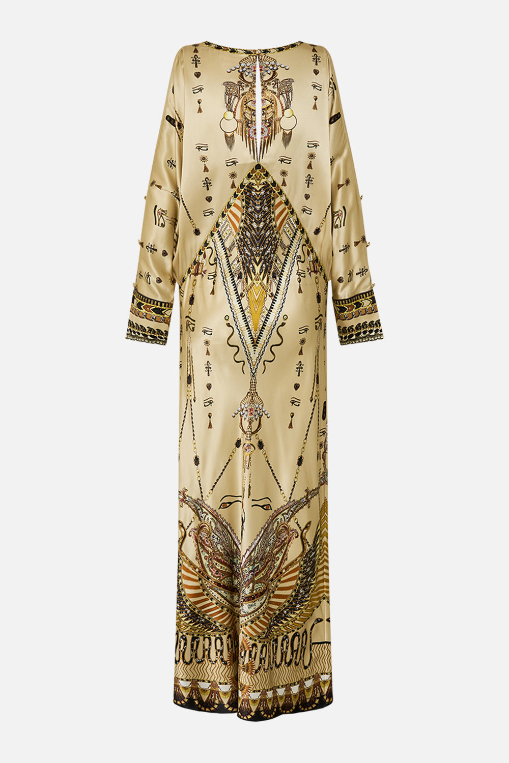 CAMILLA Gold Plunge Neck Draped Shoulder Dress in Gateway to the Afterlife Print