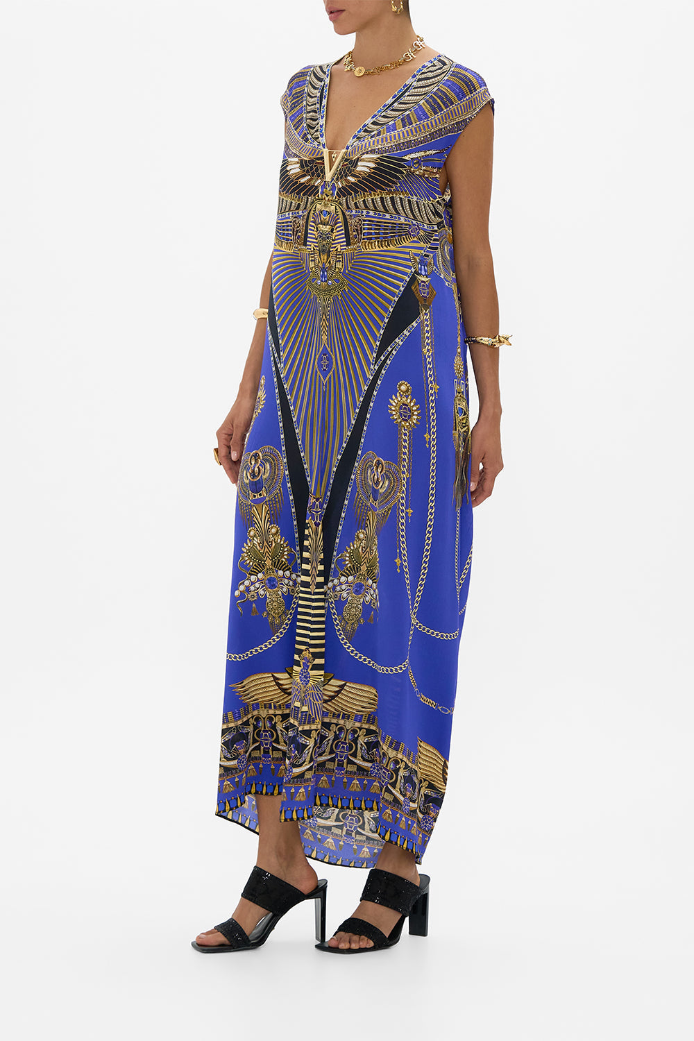 CAMILLA Sleeveless Drape Back Dress in My Fair Pharaoh print. 