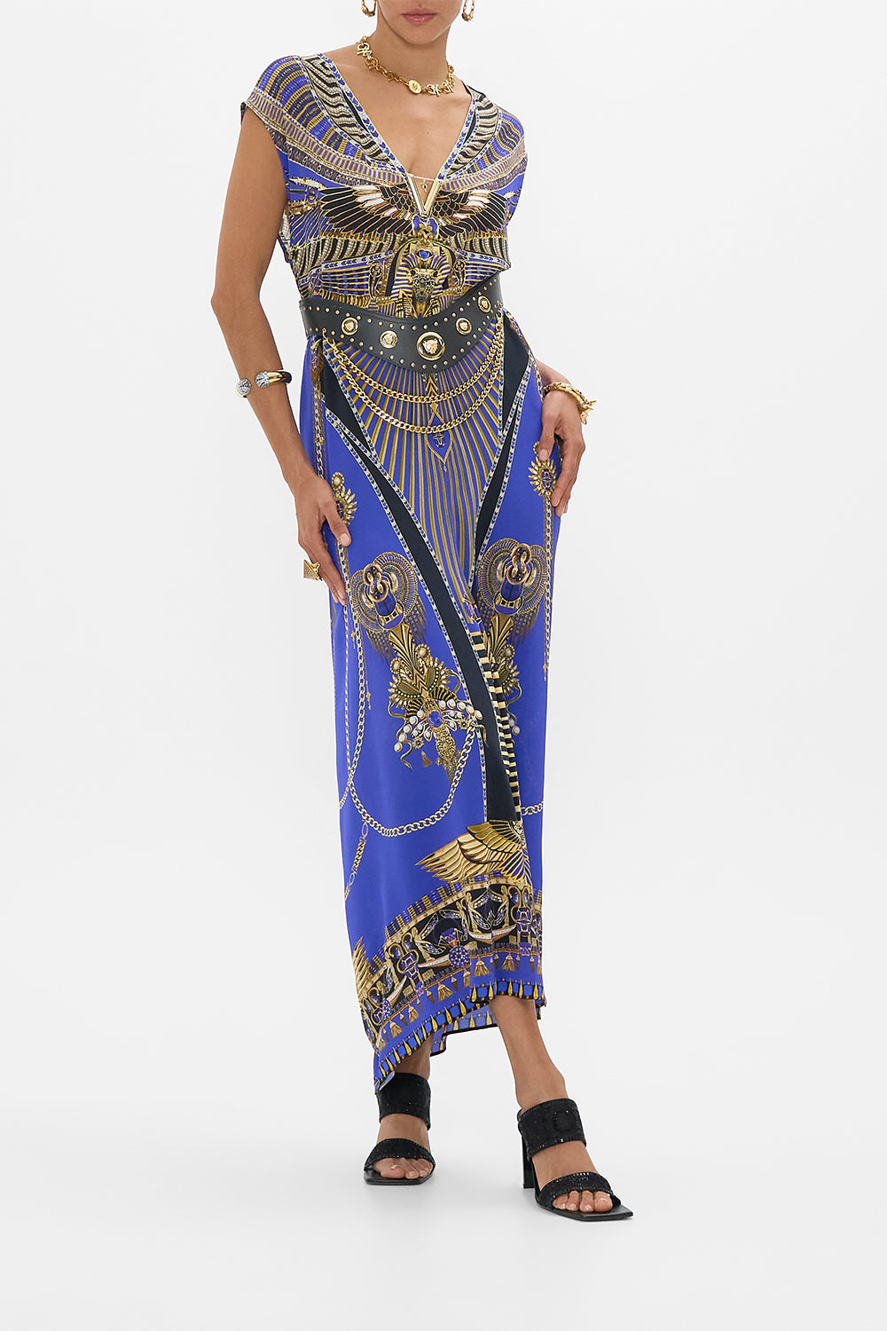 CAMILLA Sleeveless Drape Back Dress in My Fair Pharaoh print. 