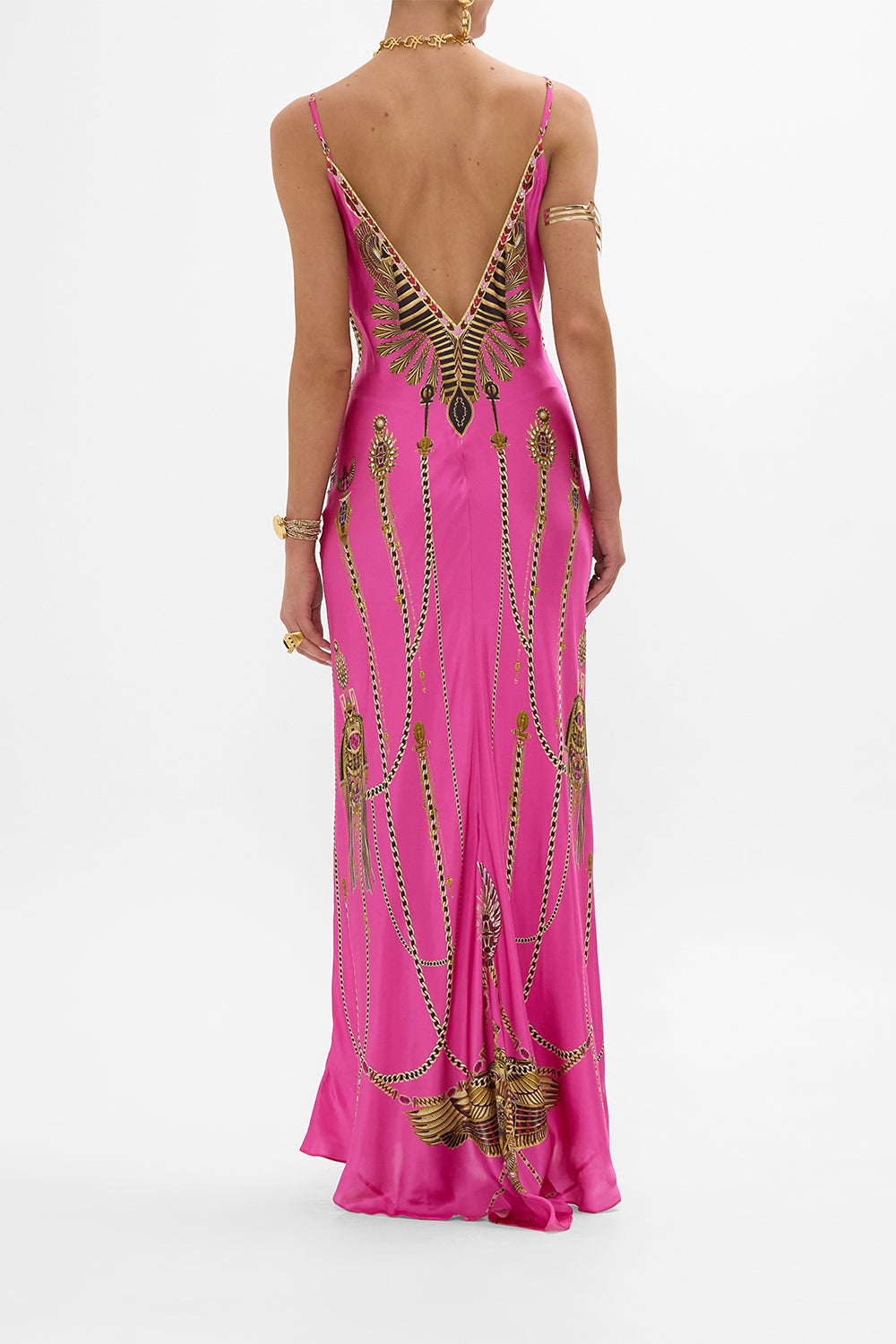 CAMILLA V Neck Long Bias Slip Dress With Train in Song Of The Scarab print. 