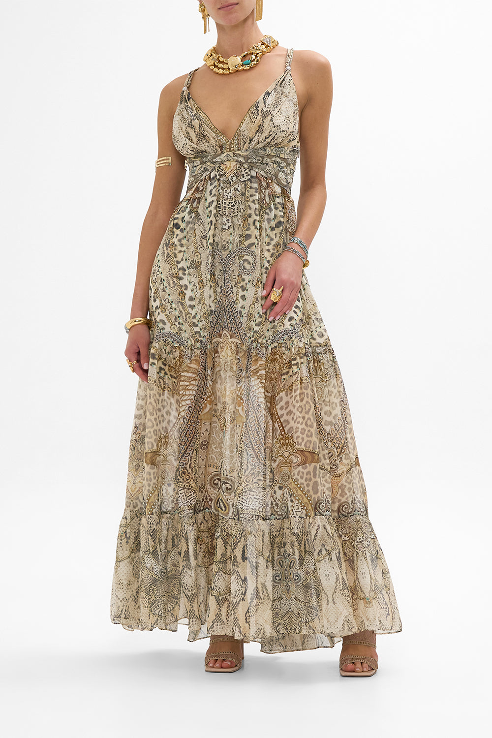 CAMILLA Bead Strap Gathered Panel Dress in The Throne Room print