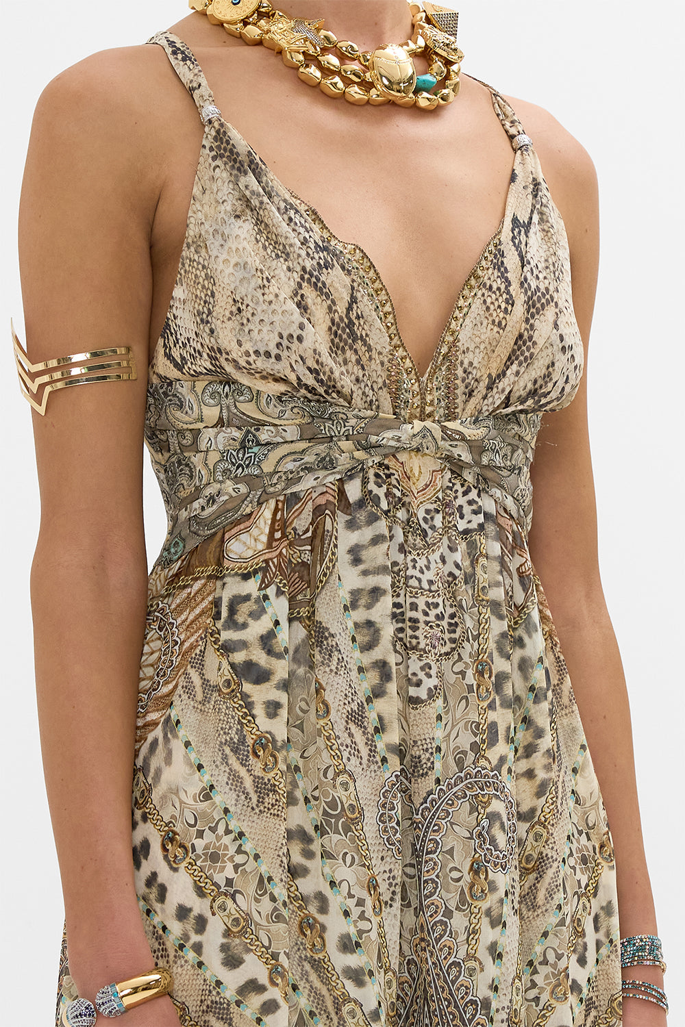 CAMILLA Bead Strap Gathered Panel Dress in The Throne Room print