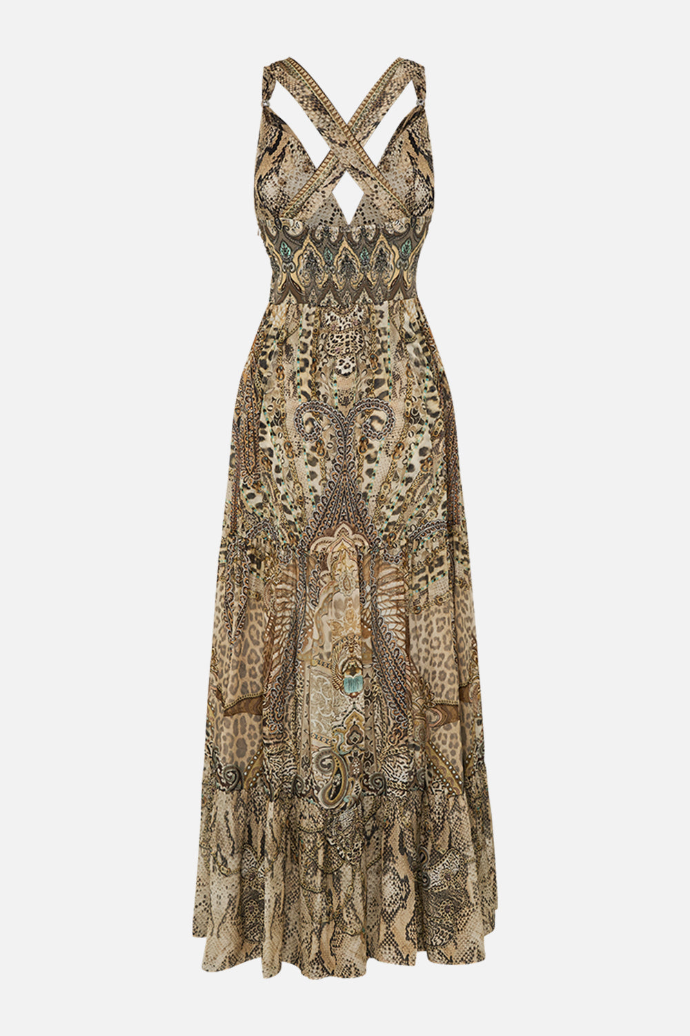 CAMILLA Bead Strap Gathered Panel Dress in The Throne Room print