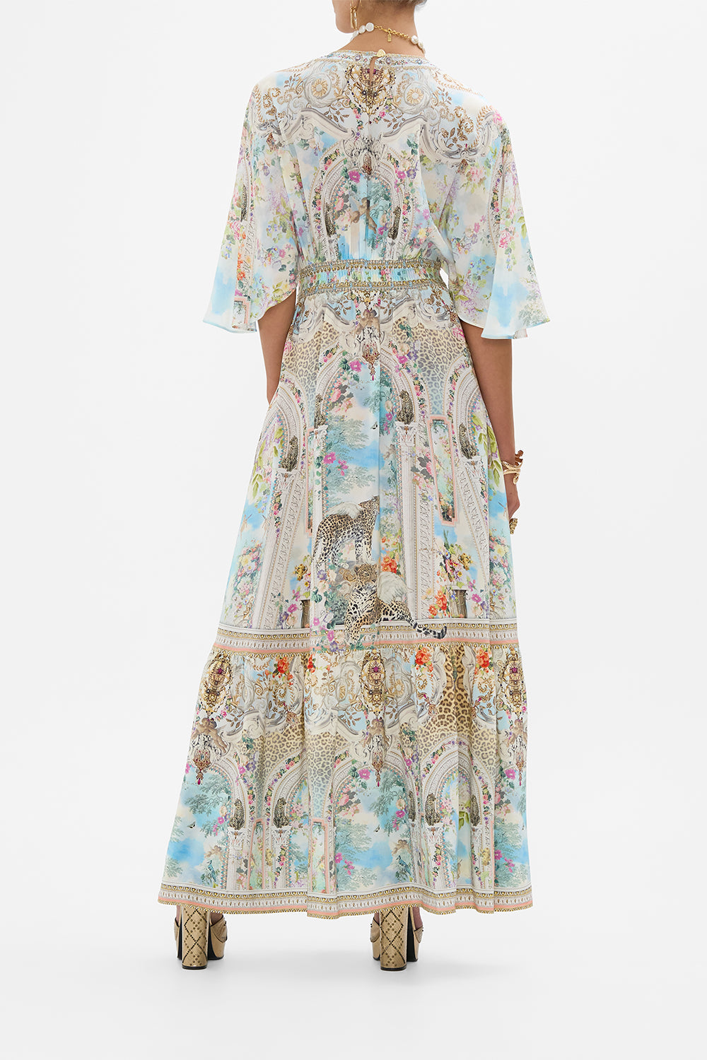 CAMILLA Waisted Dress With Hem Ruffle in We Always Have Alexandria Print. 