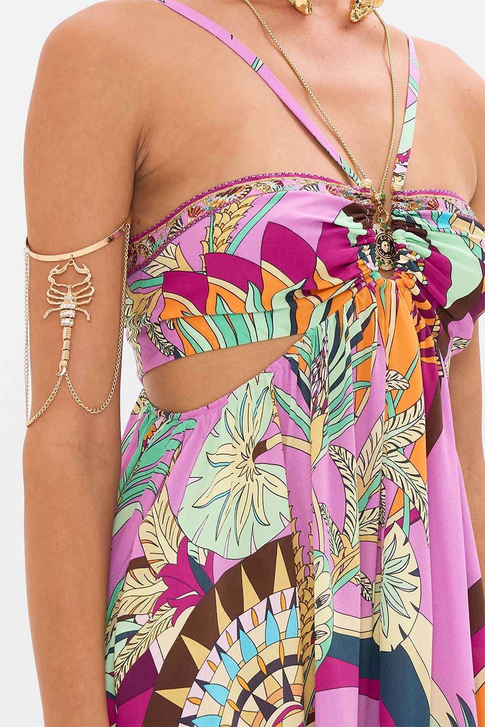 CAMILLA Gathered Cut Out Dress in Giza Goddess print. 
