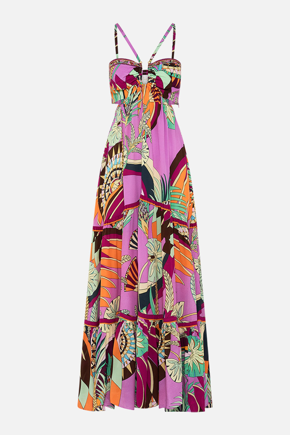 CAMILLA Gathered Cut Out Dress in Giza Goddess print. 