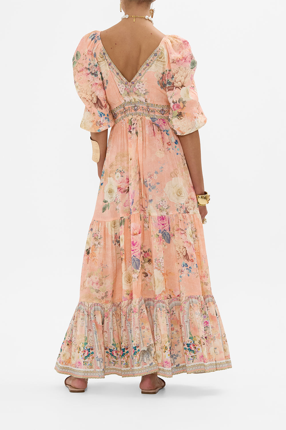 CAMILLA Floral Tiered Puff Sleeve Dress in The Jewellery Palace print. 