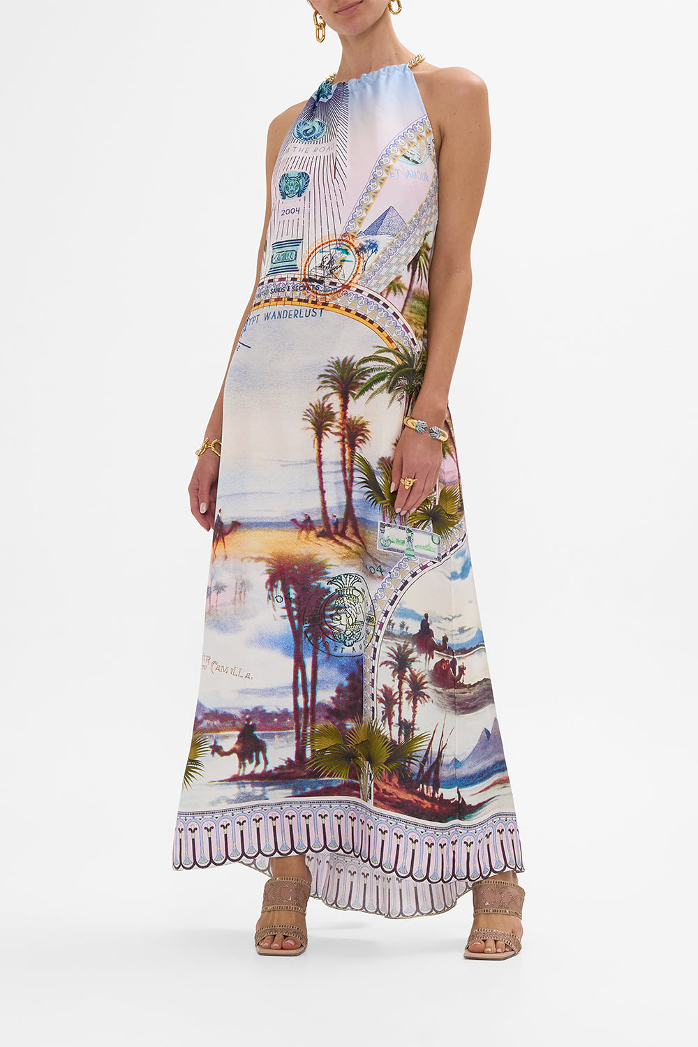 CAMILLA low back long dress with neck hardware in Call Me In Cairo print 