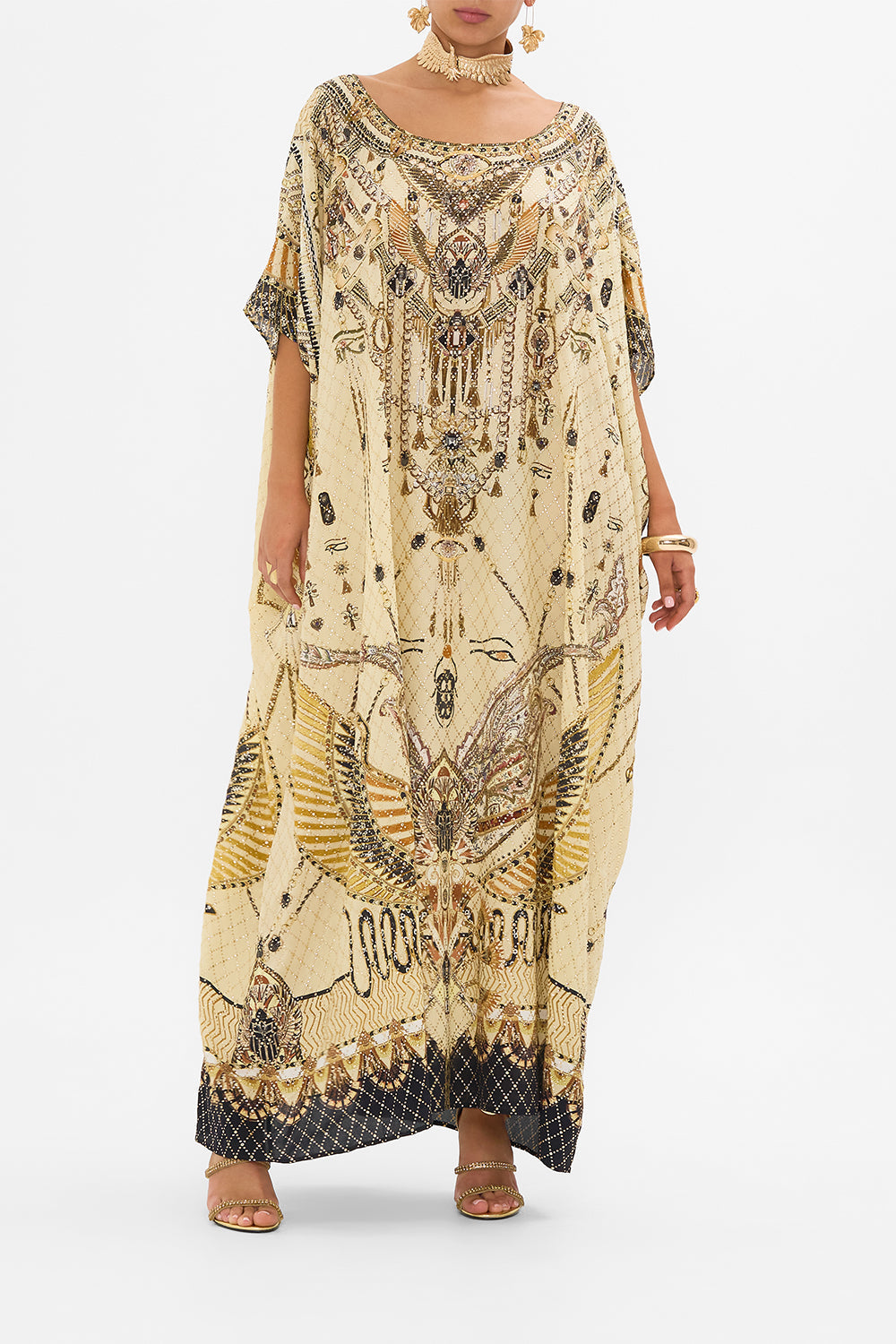 CAMILLA Gold Round Neck Kaftan in Gateway to the Afterlife Print