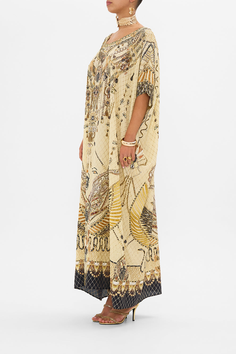 CAMILLA Gold Round Neck Kaftan in Gateway to the Afterlife Print