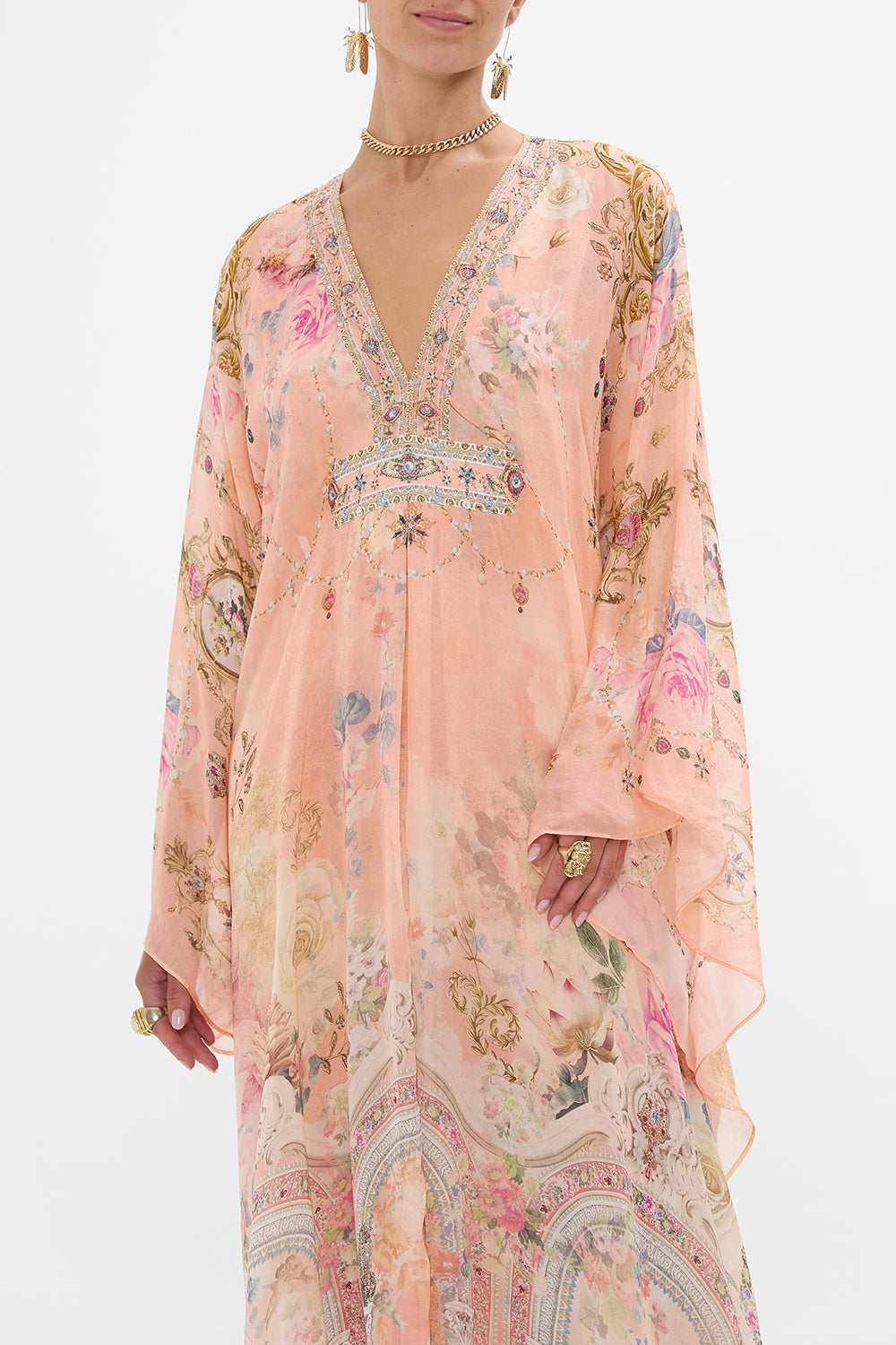 CAMILLA Long Kaftan With Waist Detail in The Jewellery Palace Print. 