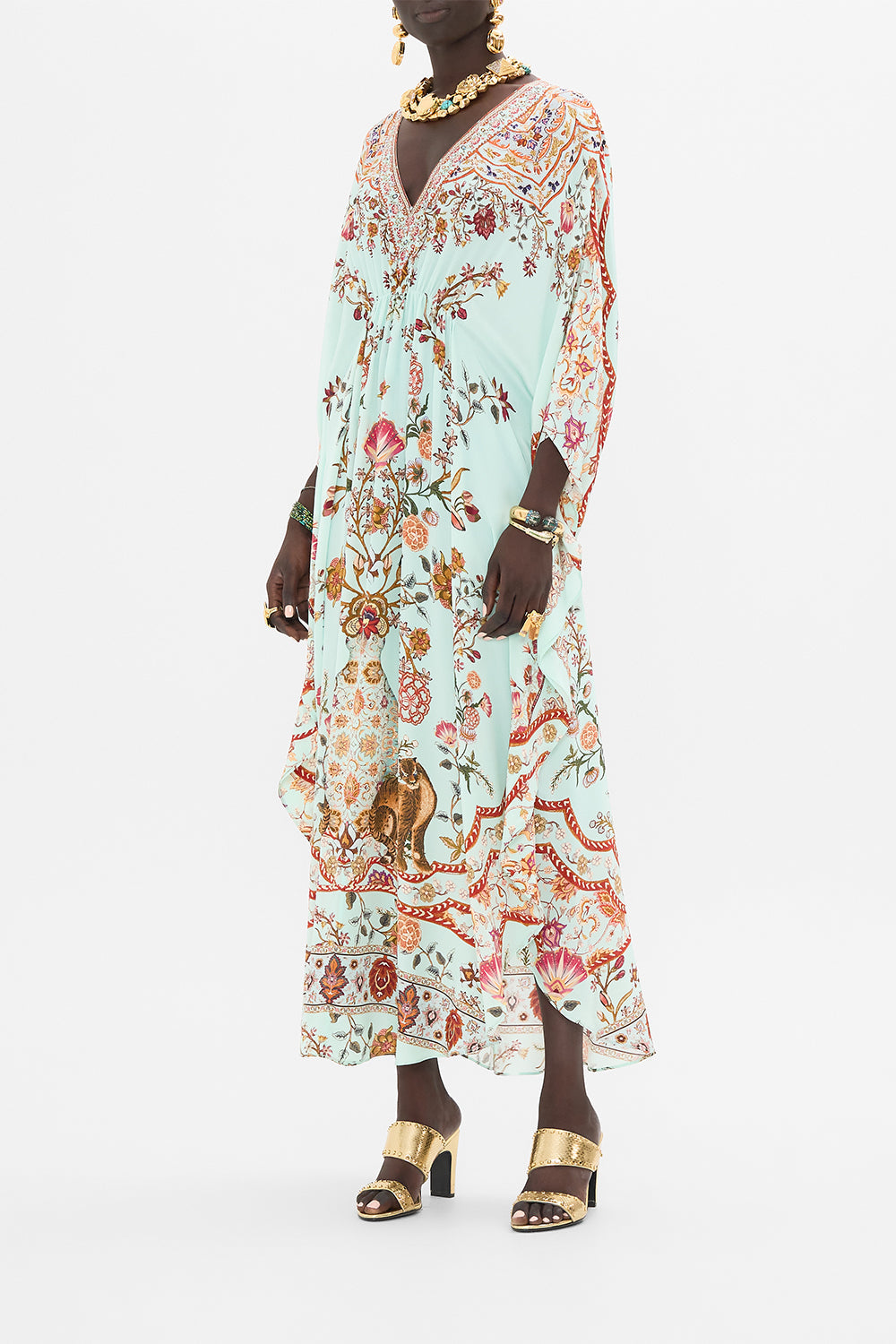 CAMILLA Gathered Waist Kaftan in Weaving Worlds print