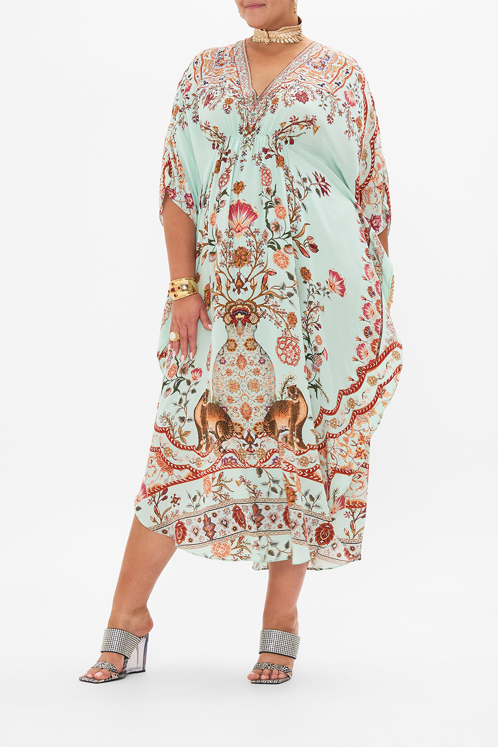 CAMILLA Gathered Waist Kaftan in Weaving Worlds print