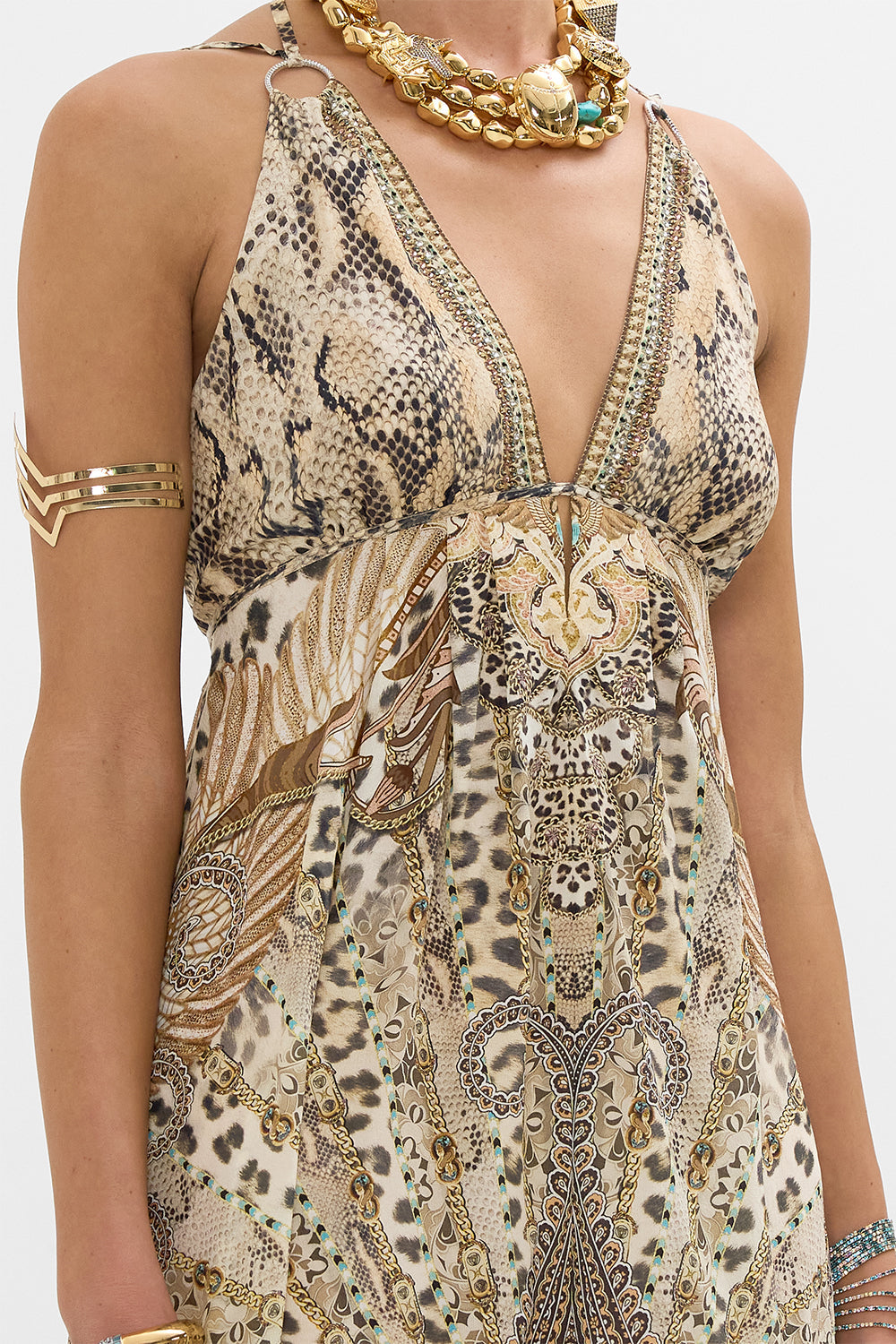 CAMILLA Short Flared Dress with Hardware in The Throne Room print