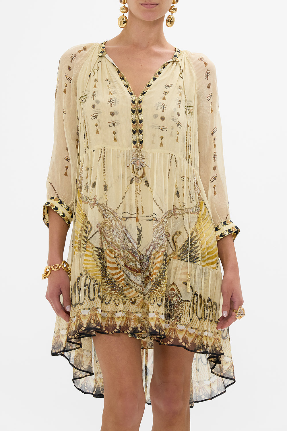 CAMILLA Gold Short Gathered Panel Dress in Gateway to the Afterlife Print
