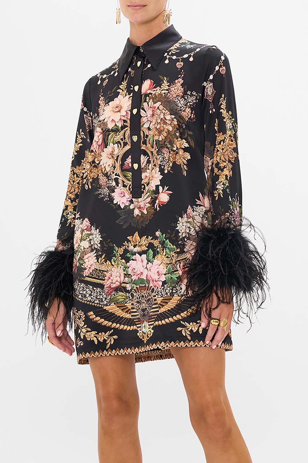 CAMILLA mini shirt dress with feathers in Dynasty Daze print.