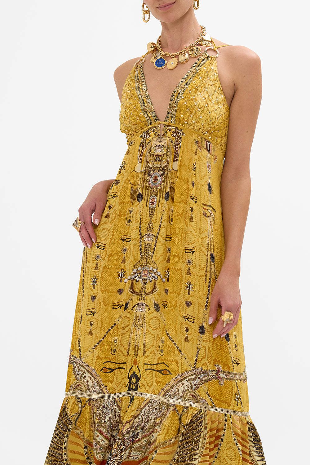 CAMILLA Gold Tiered Dress with Hardware in Valley of the Kings Print