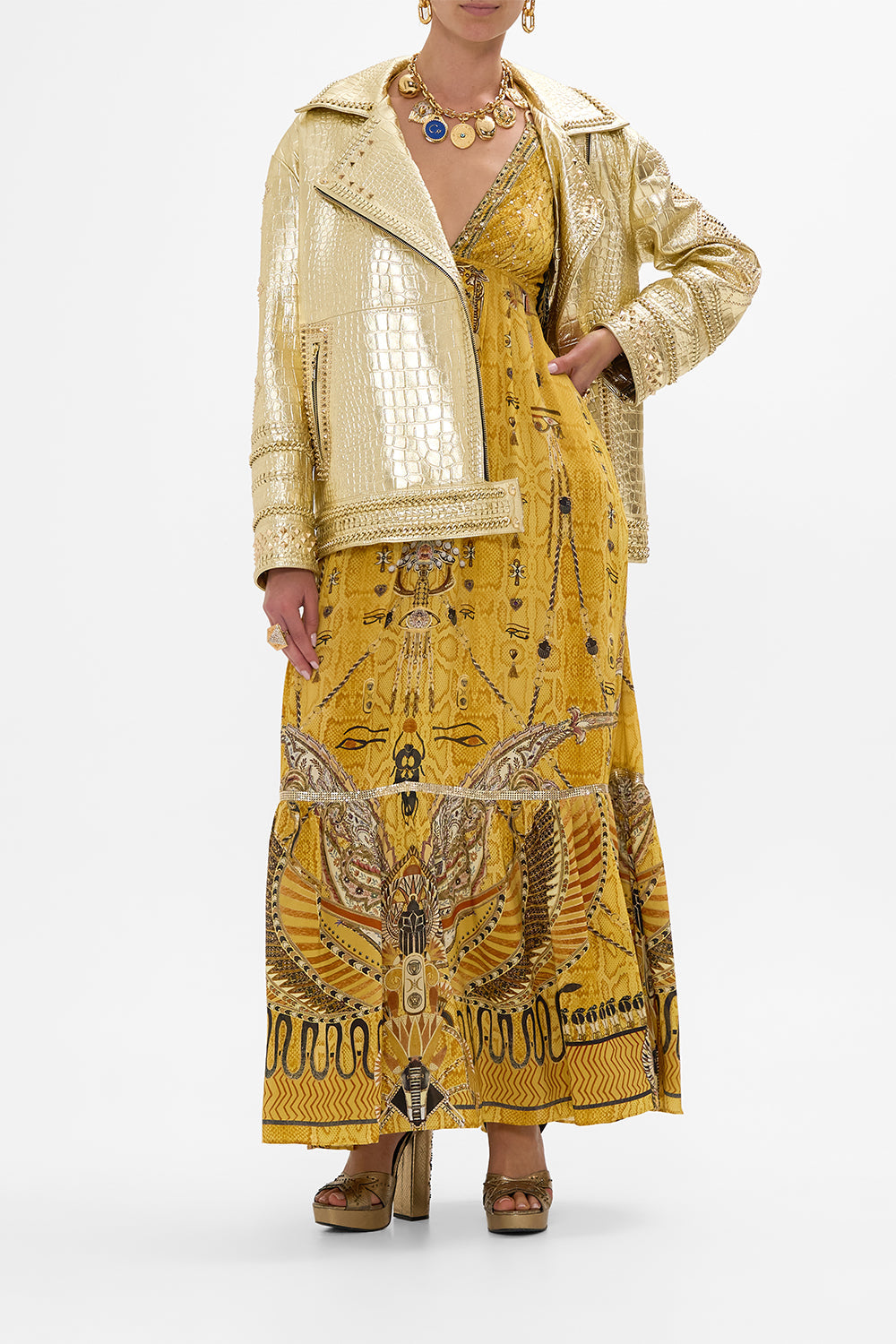 CAMILLA Gold Tiered Dress with Hardware in Valley of the Kings Print