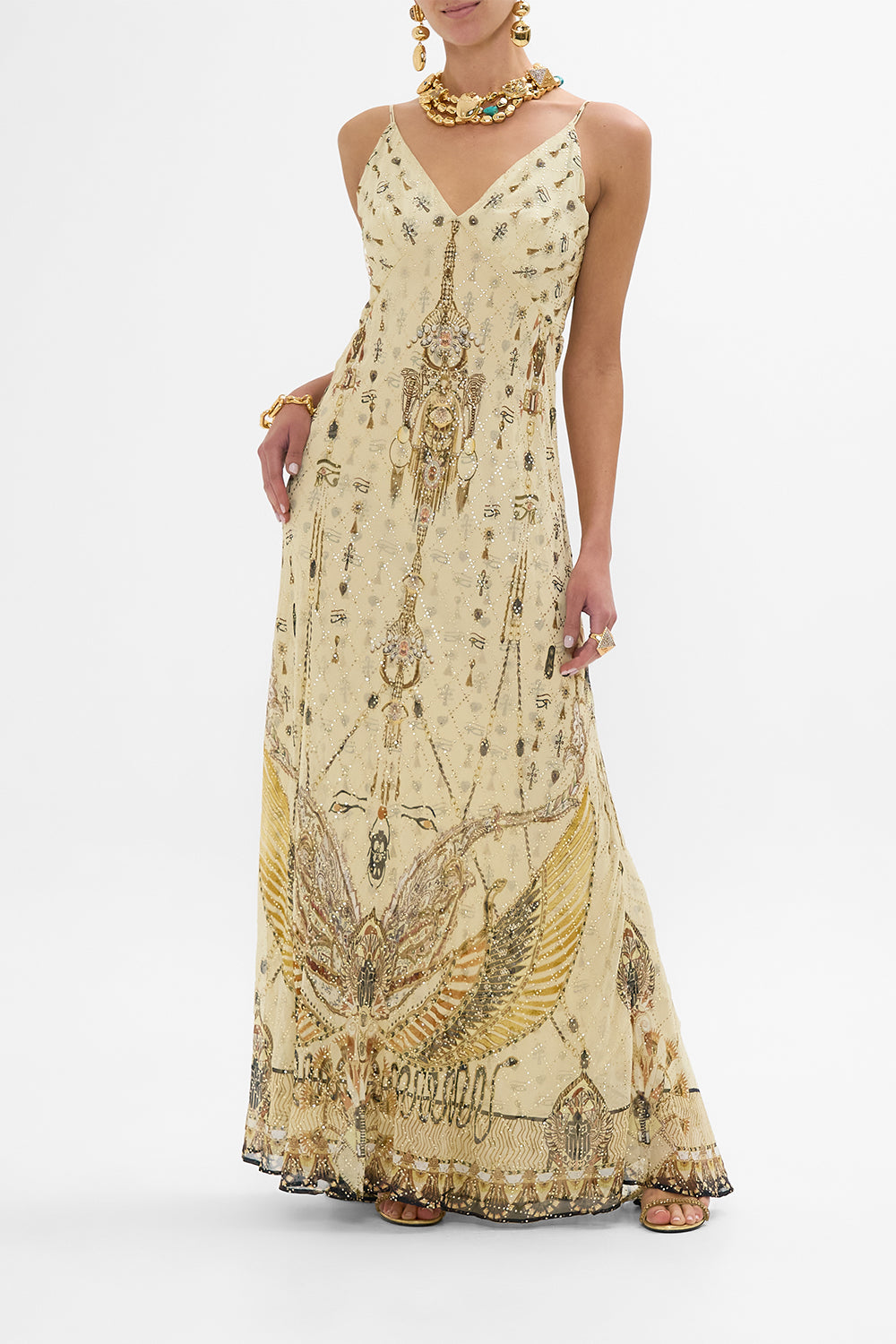 CAMILLA Gold Bias Gown with Lining in Gateway to the Afterlife Print