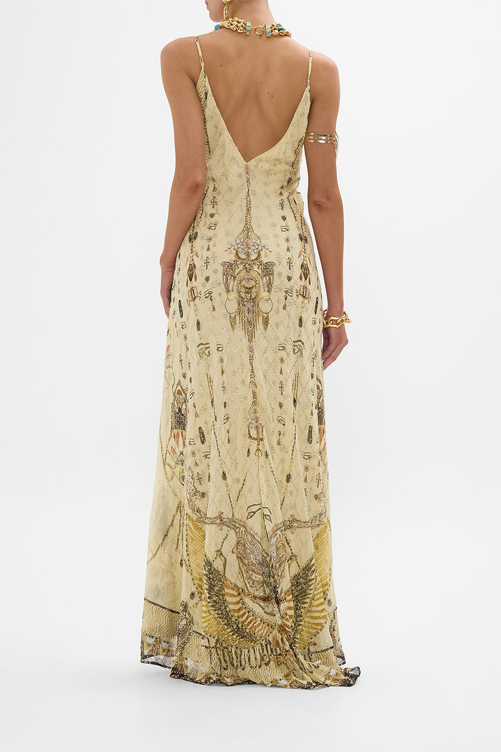 CAMILLA Gold Bias Gown with Lining in Gateway to the Afterlife Print