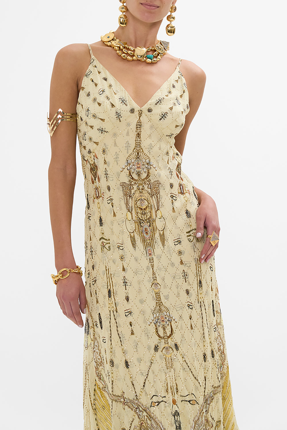 CAMILLA Gold Bias Gown with Lining in Gateway to the Afterlife Print