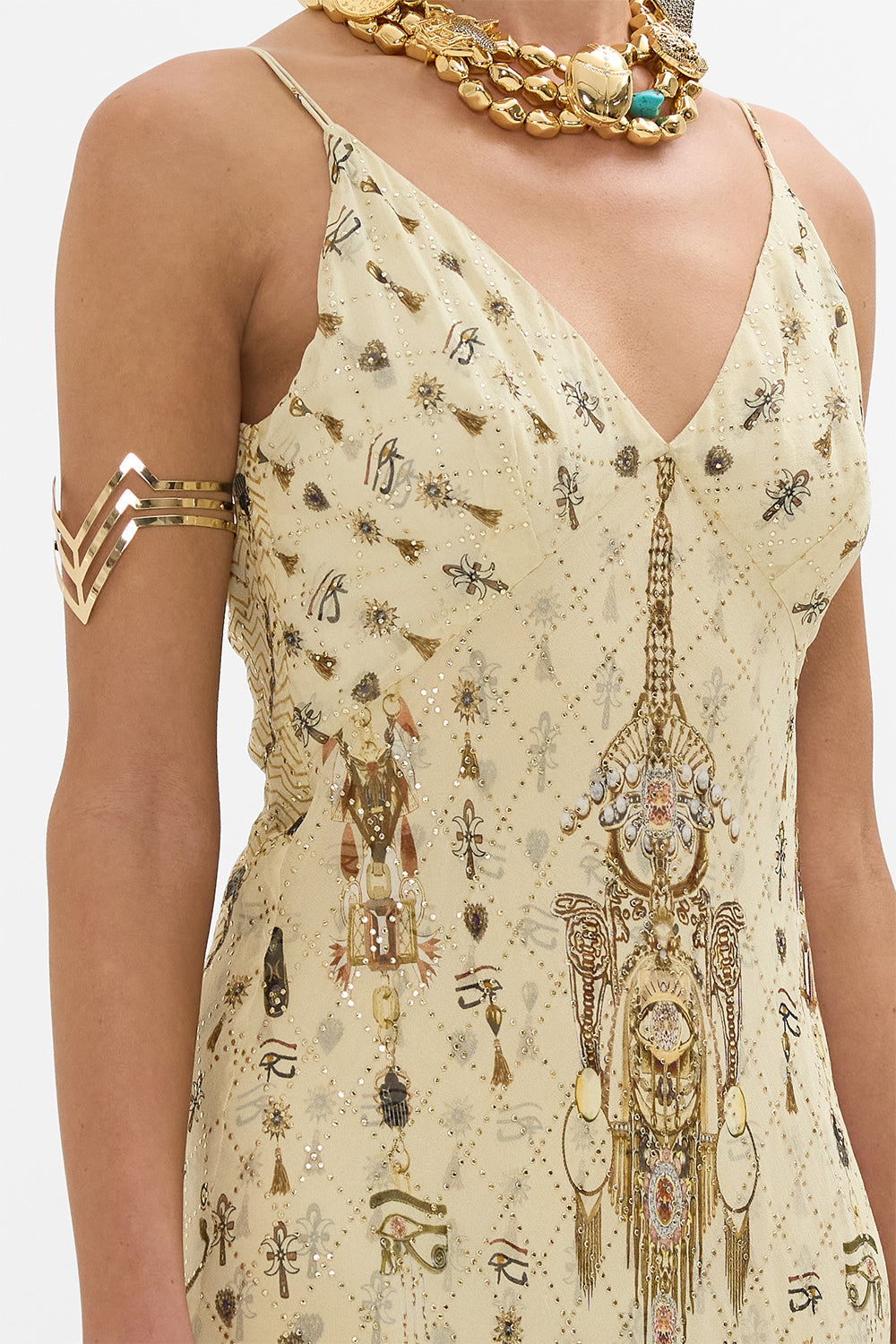 CAMILLA Gold Bias Gown with Lining in Gateway to the Afterlife Print