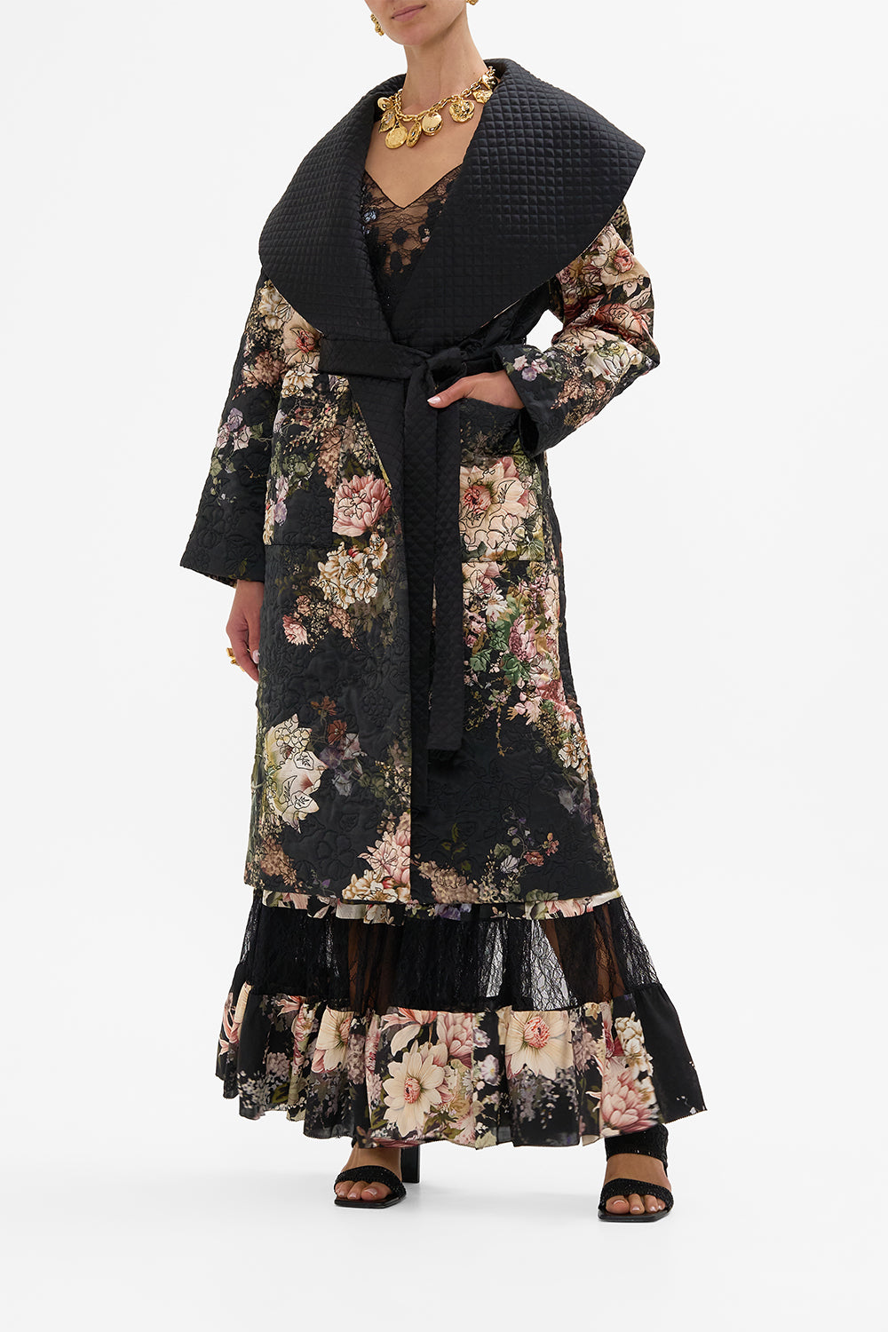 CAMILLA Quilted Long Wrap Coat in Dynasty Daze print. 