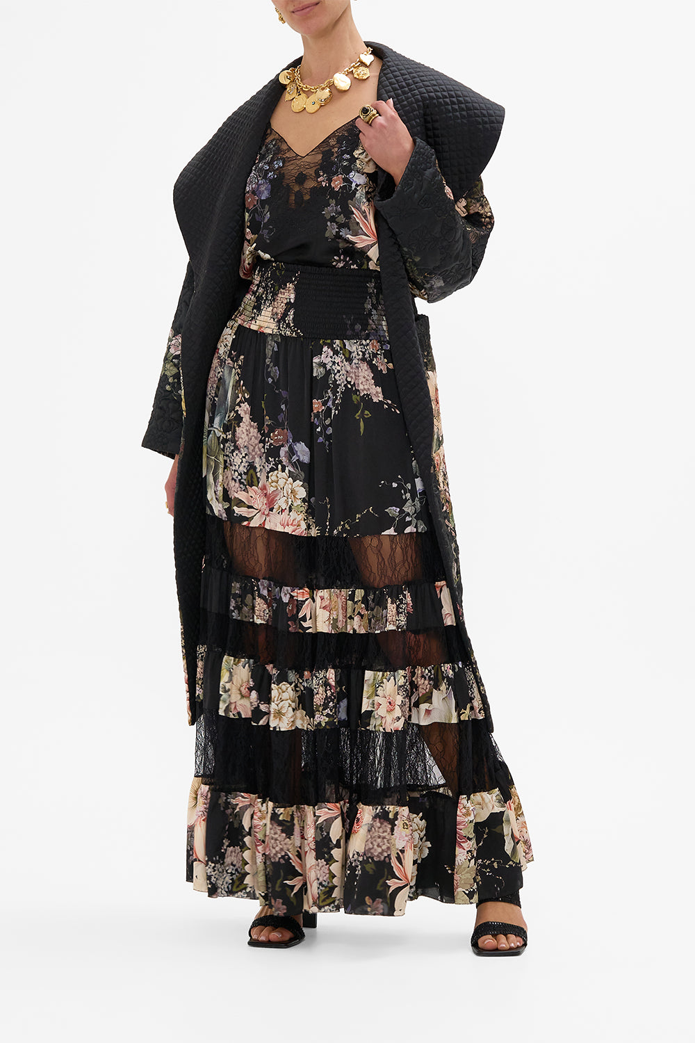 CAMILLA Quilted Long Wrap Coat in Dynasty Daze print. 