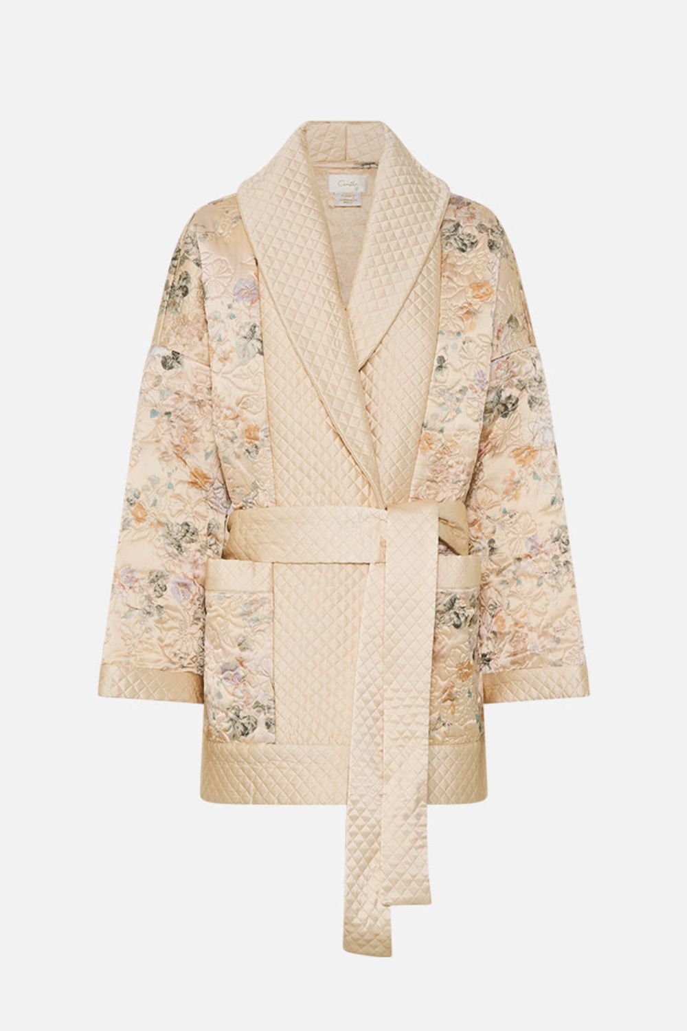 CAMILLA Quilted Roll Collar Coat in Adorned In Antiquity print. 