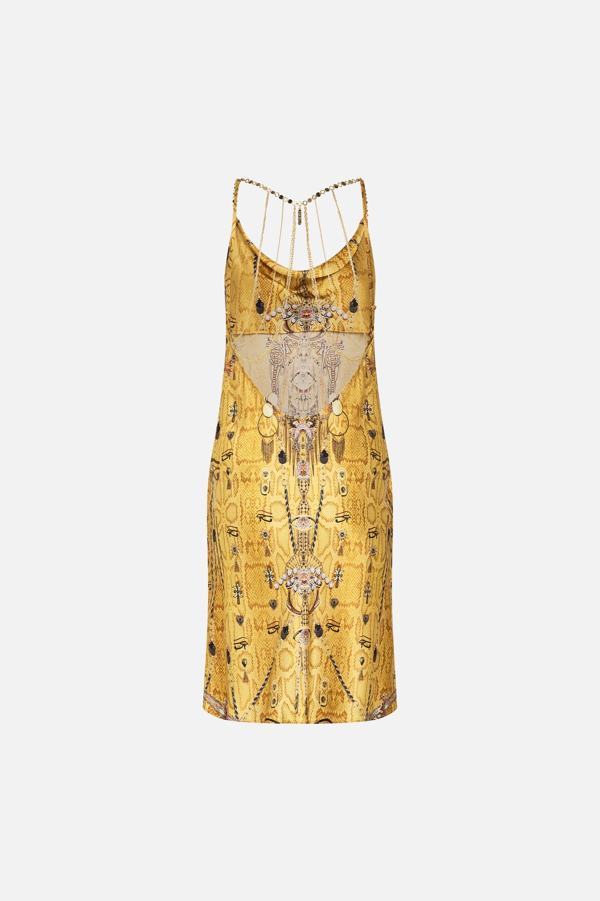 CAMILLA Gold Short Bias Slip Dress with Low Back in Valley of the Kings Print