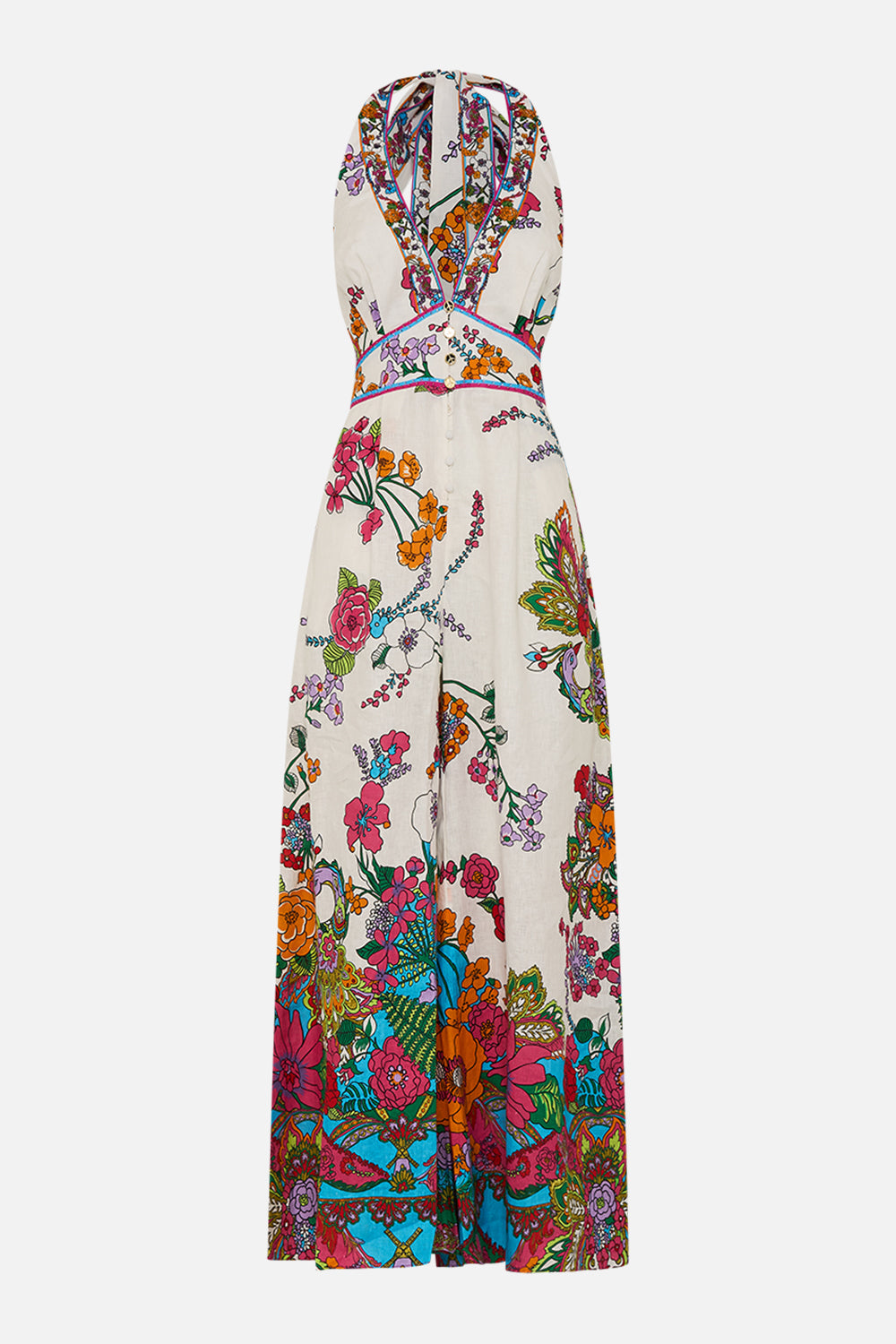 CAMILLA retro floral halterneck jumpsuit in Cosmic Prairie print. 
