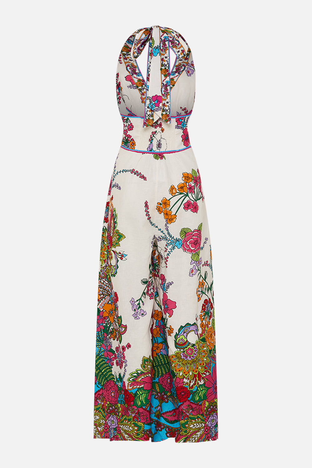 CAMILLA retro floral halterneck jumpsuit in Cosmic Prairie print. 