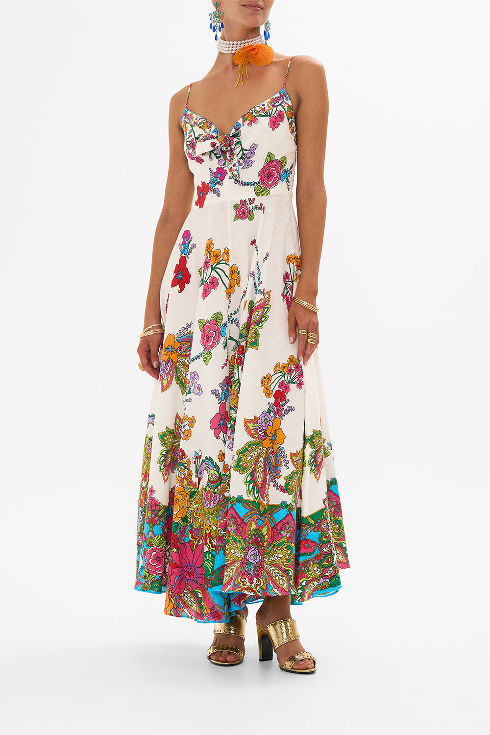CAMILLA retro floral long dress with tie-front in Cosmic Prairie print.