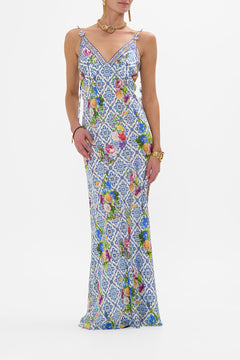 CAMILLA V Neck Full Length Bias Slip Dress in Wall To Wall Wonders print