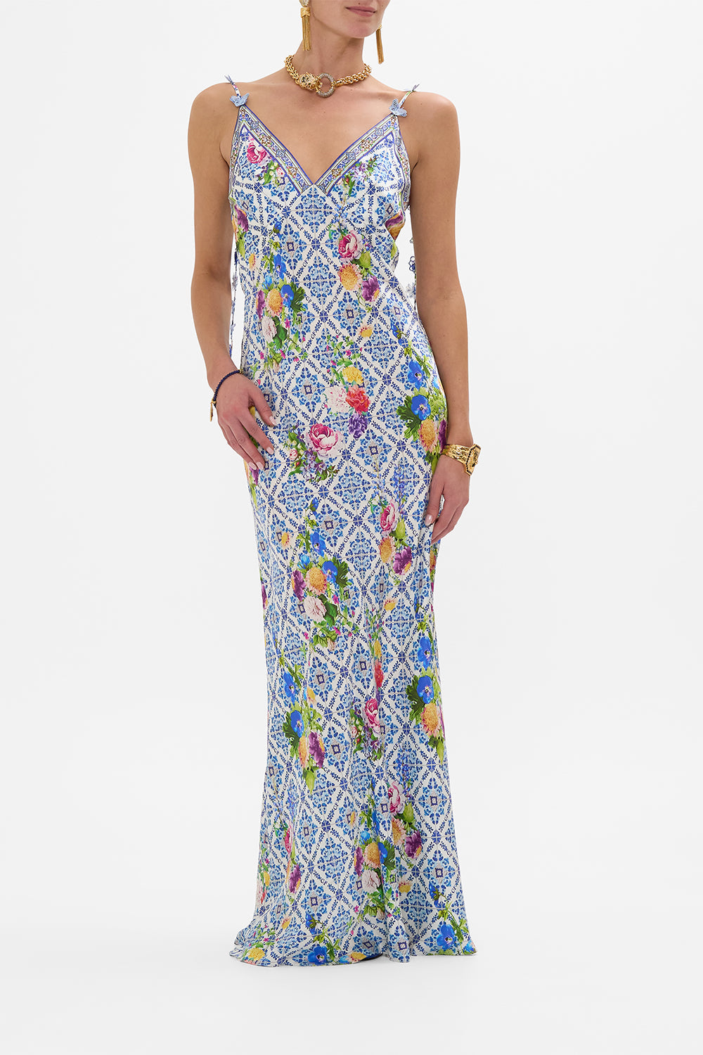 CAMILLA V Neck Full Length Bias Slip Dress in Wall To Wall Wonders print