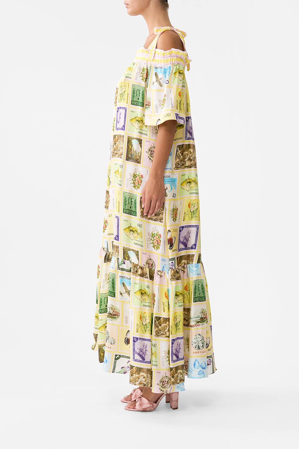 LONG OFF SHOULDER FRILL DRESS WITH STRAPS WITH LOVE FROM LISBON