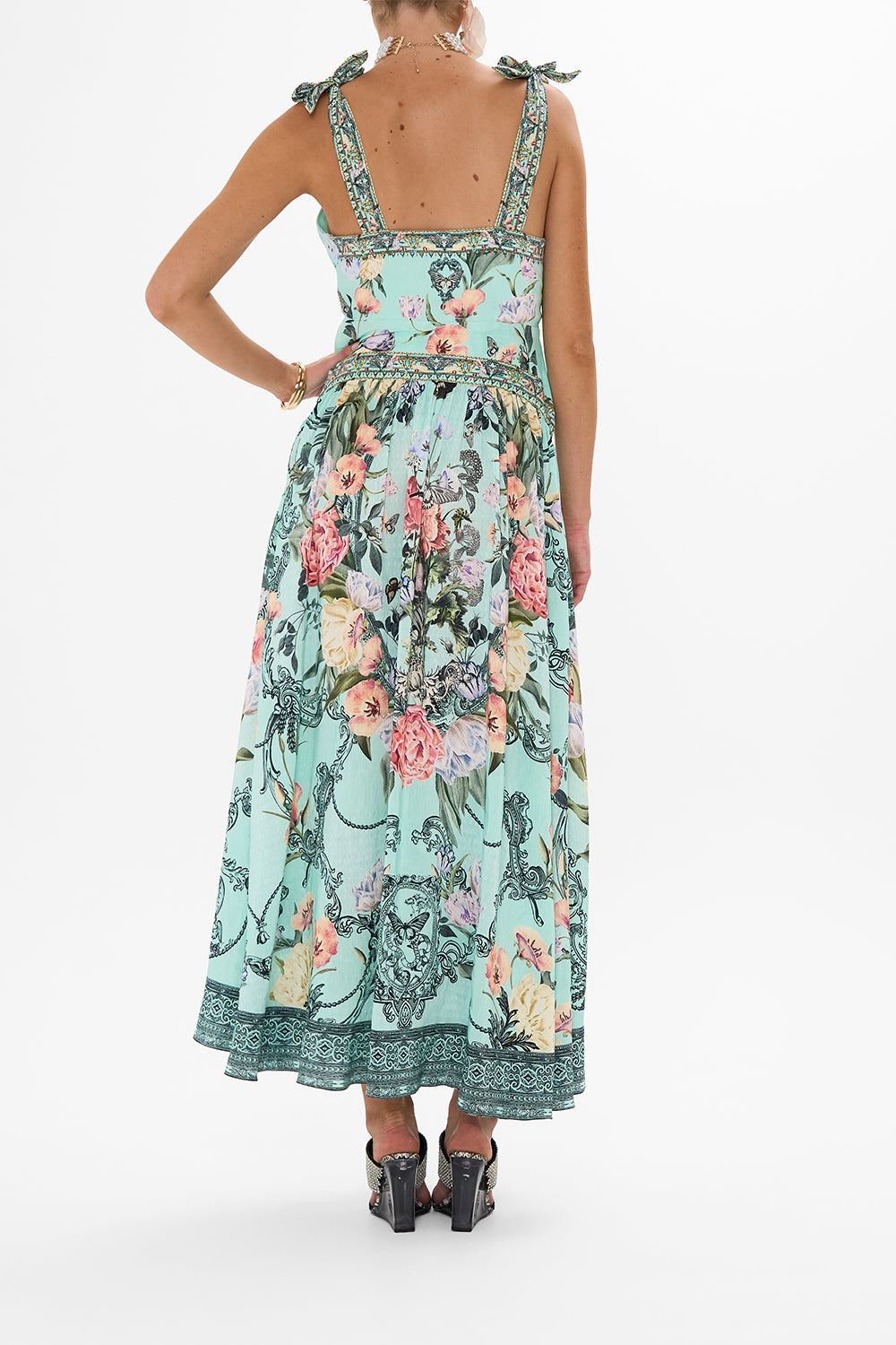 CAMILLA blue tie shoulder dress in Petal Promise Land print.